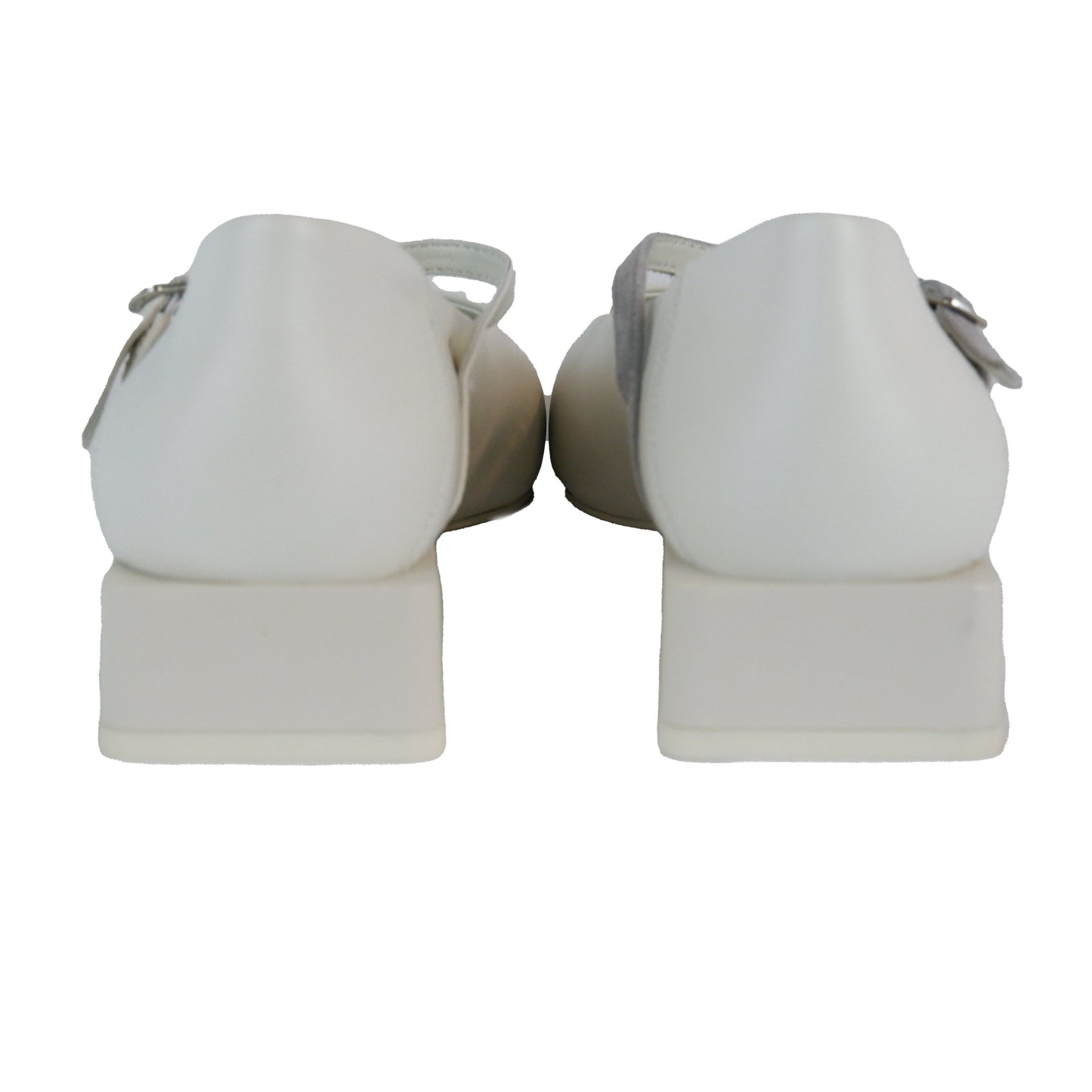 Vack view of white leather square-toe Mary Jane heels with asymmetric ankle straps and light grey suede toe caps