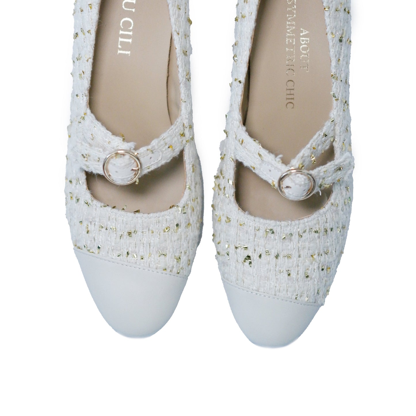 Stylish white Mary Janes Heels featuring leather tweed design with asymmetric details and a mid block heel