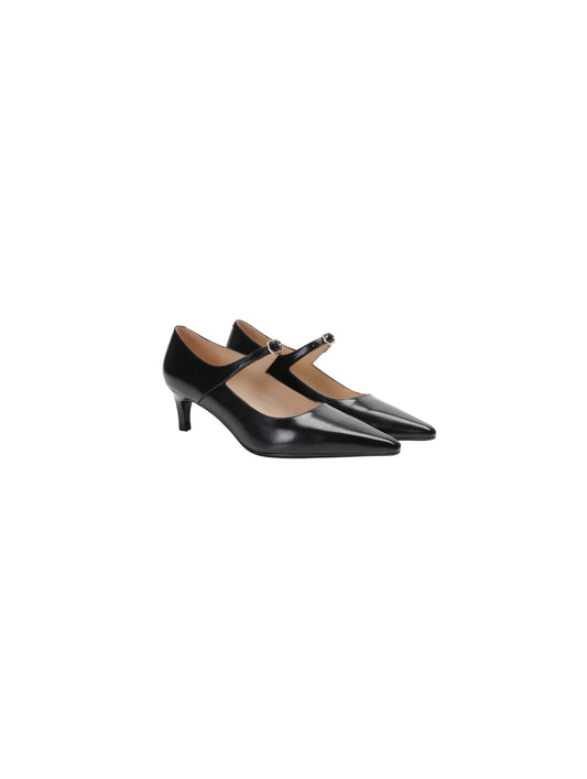 Black pointed-toe Mary Jane heel with metal buckle displayed sideway
