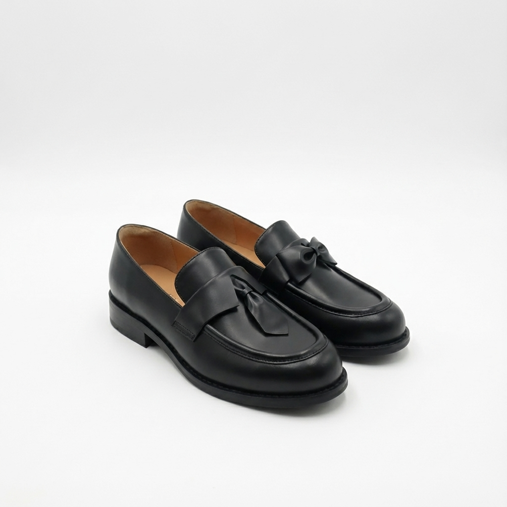 Pair of black loafers on a white background