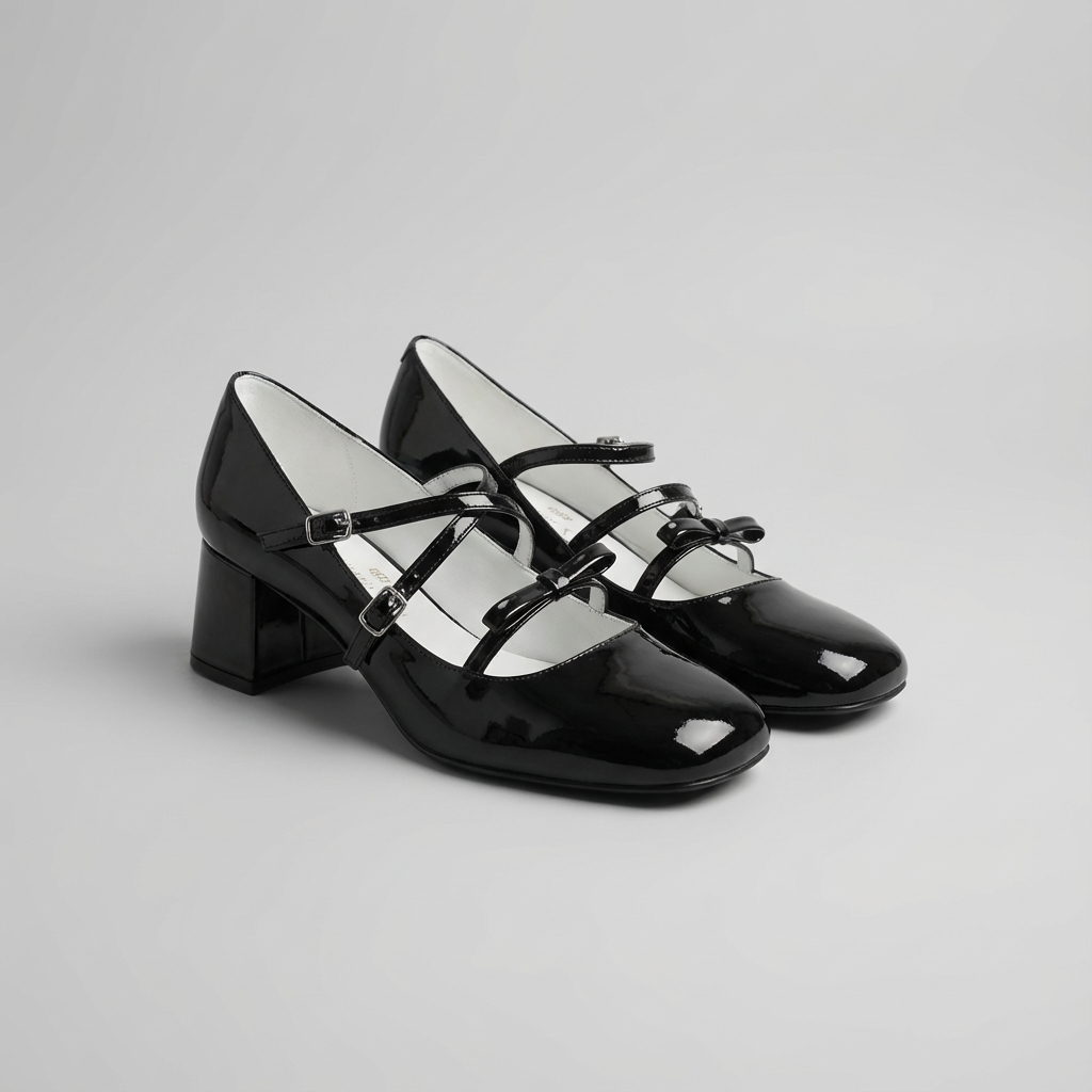 Kilig Genuine Leather Mary Jane Heels with Asymmetric Straps in Black and Silver