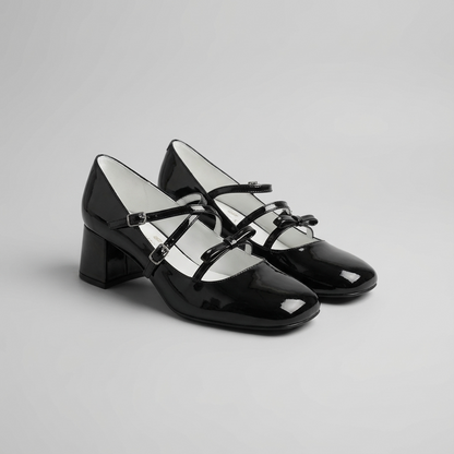 Kilig Genuine Leather Mary Jane Heels with Asymmetric Straps in Black and Silver