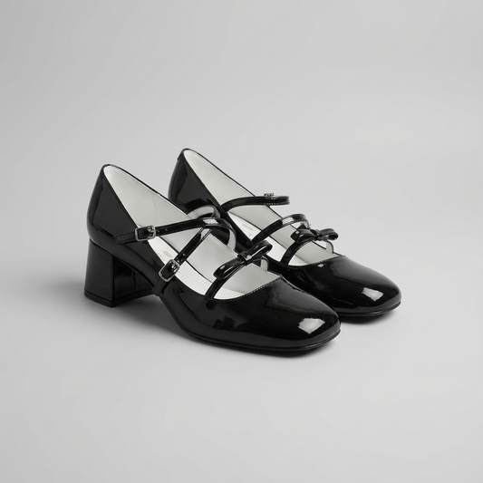 Kilig Genuine Leather Mary Jane Heels with Asymmetric Straps in Black and Silver