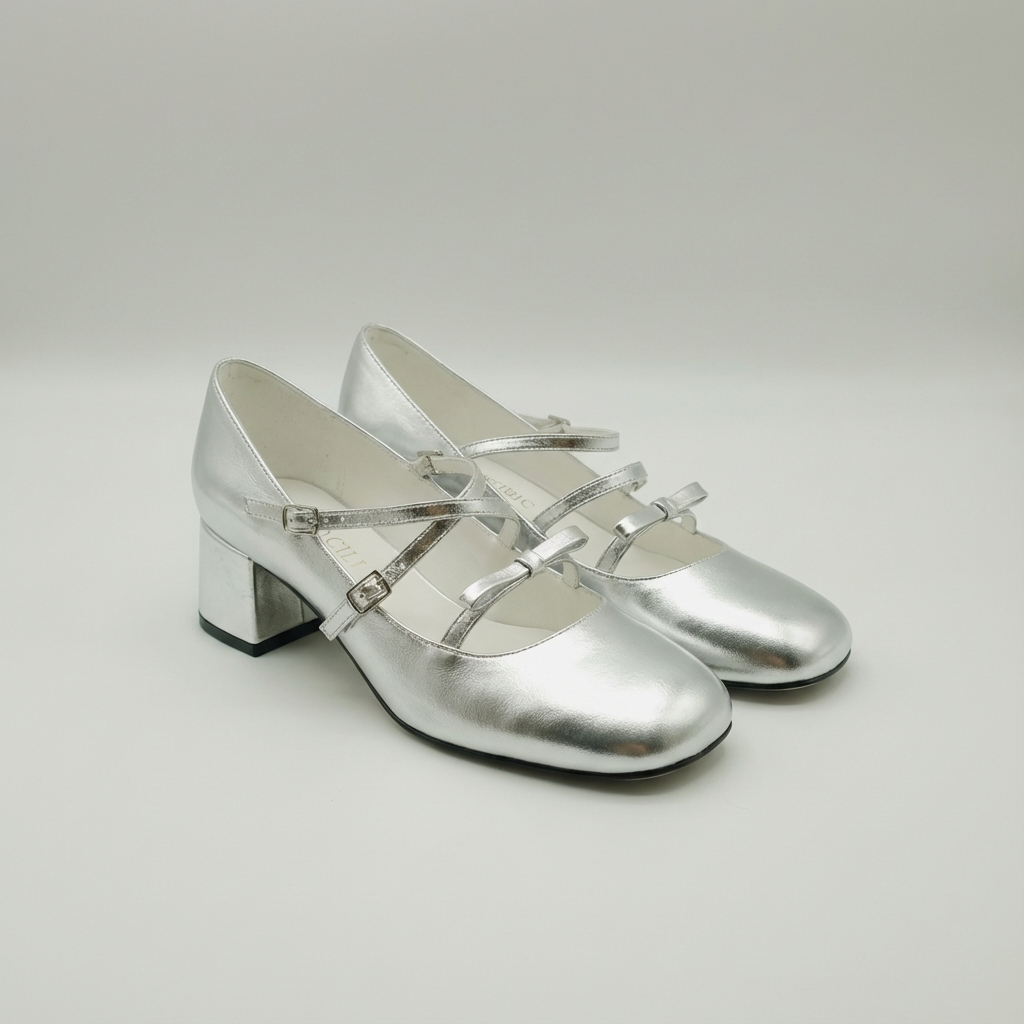 Kilig Genuine Leather Mary Jane Heels with Asymmetric Straps in Black and Silver