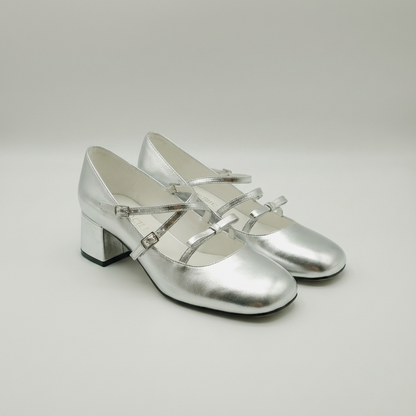 Kilig Genuine Leather Mary Jane Heels with Asymmetric Straps in Black and Silver