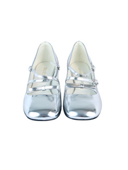 Metallic silver Mary Jane heels with triple asymmetric straps and block heel.