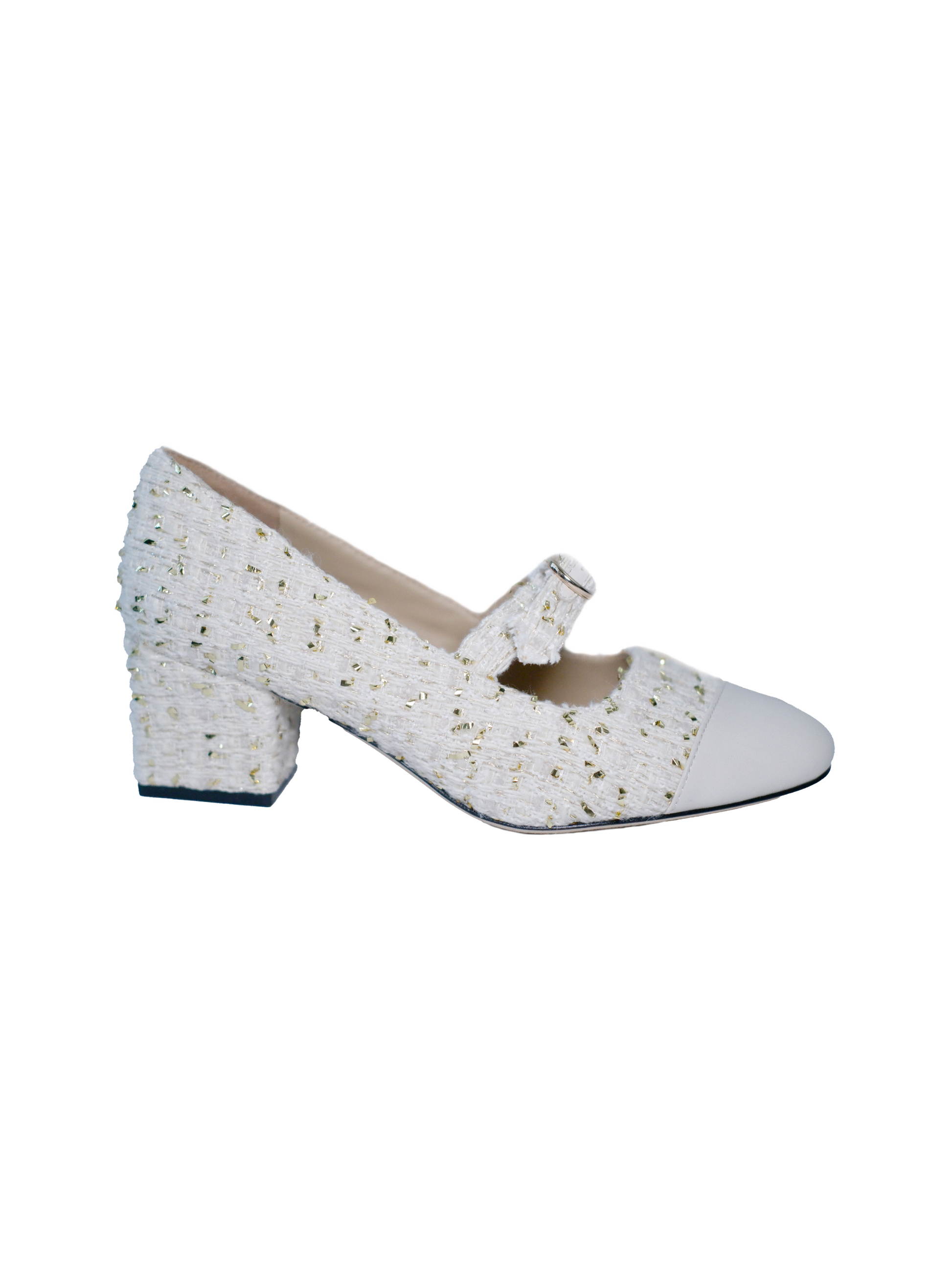 Stylish white Mary Jane Heels featuring leather tweed design with asymmetric details and a mid block heel