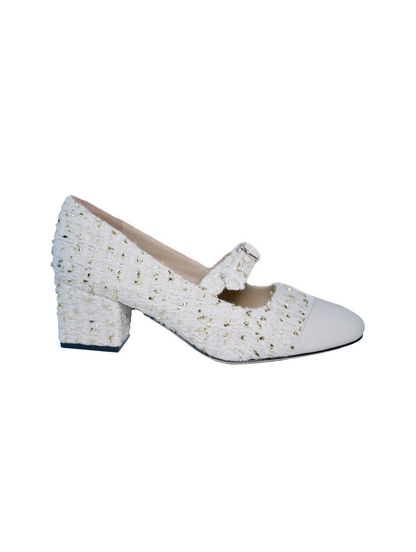Stylish white Mary Jane Heels featuring leather tweed design with asymmetric details and a mid block heel