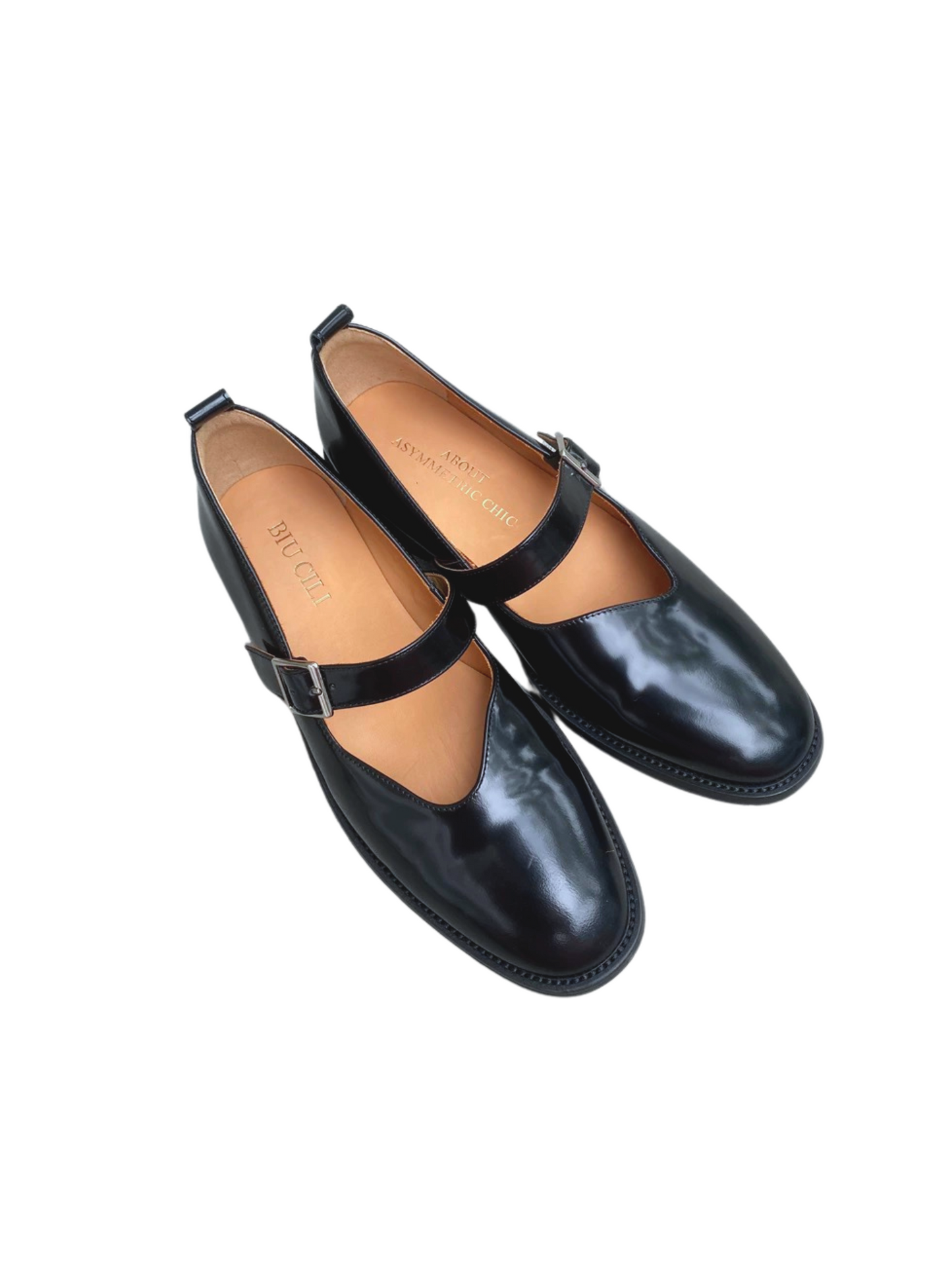 "Vinyl Vibe" Women's Asymmetric Leather Mary Jane Flats in Black