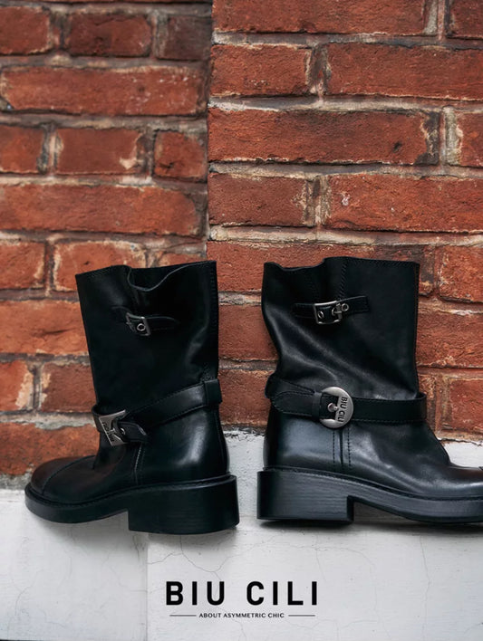 Black Leather Vintage Engineer Boots