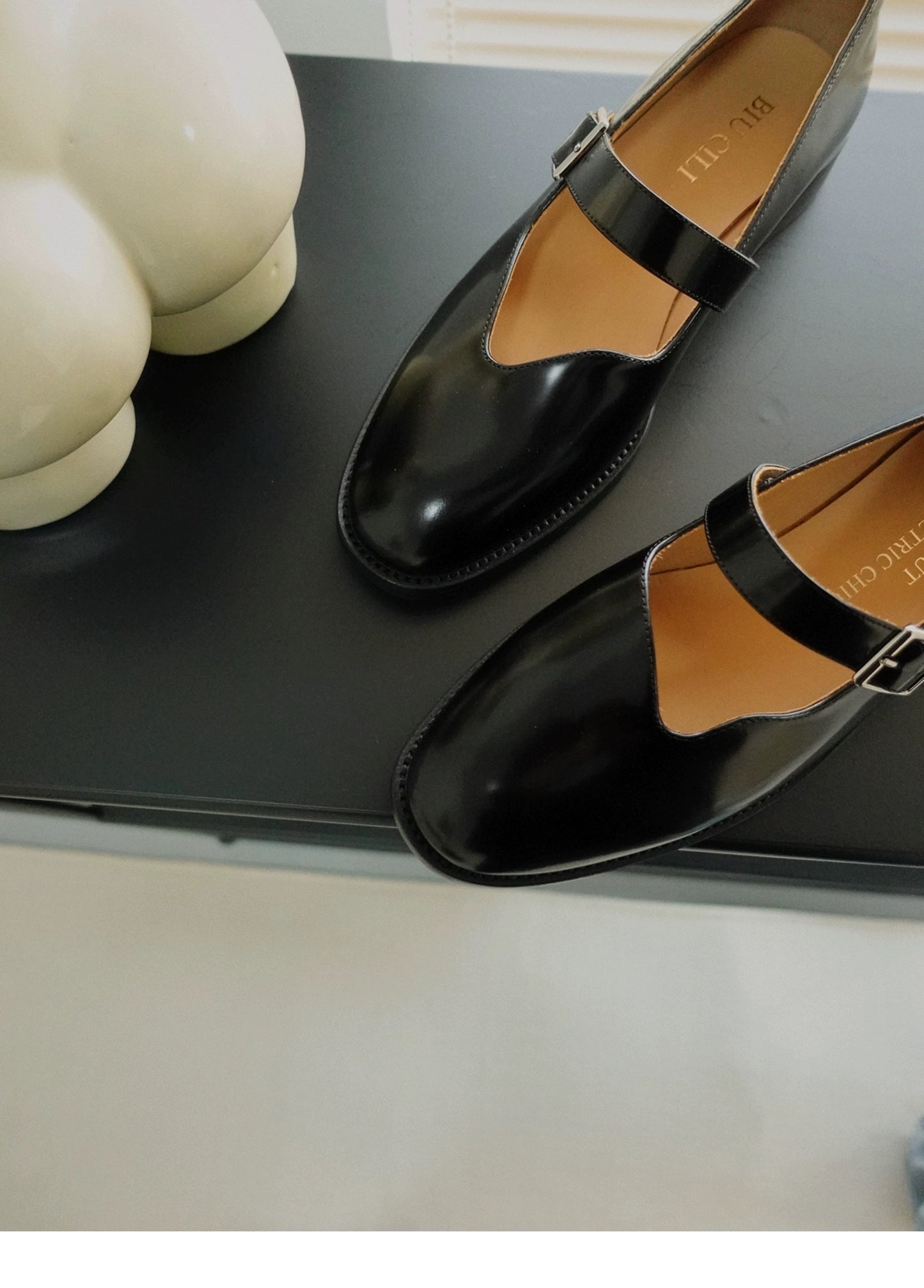 "Vinyl Vibe" Women's Asymmetric Leather Mary Jane Flats in Black