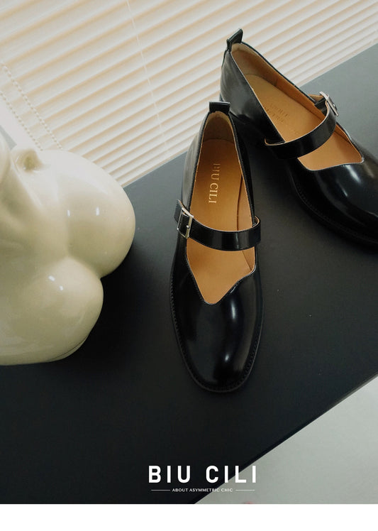 "Vinyl Vibe" Women's Asymmetric Leather Mary Jane Flats in Black