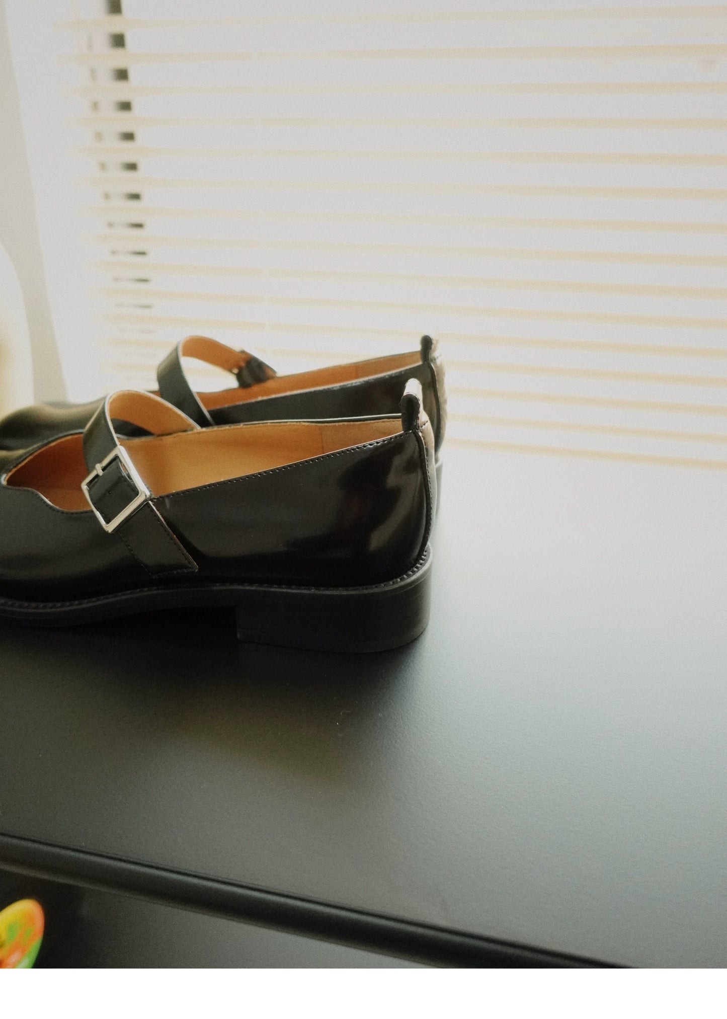 "Vinyl Vibe" Women's Asymmetric Leather Mary Jane Flats in Black
