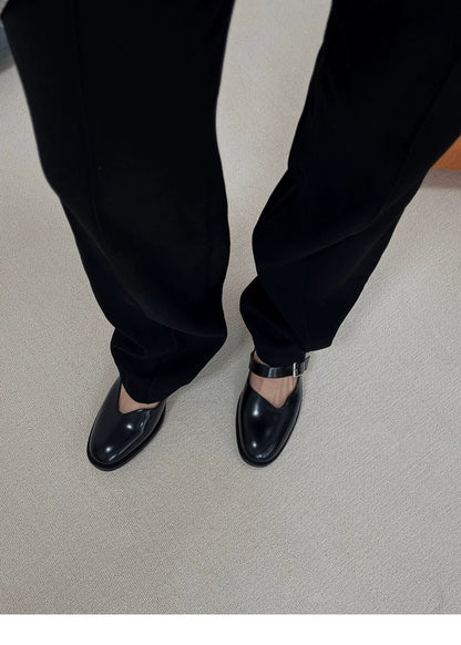 "Vinyl Vibe" Women's Asymmetric Leather Mary Jane Flats in Black