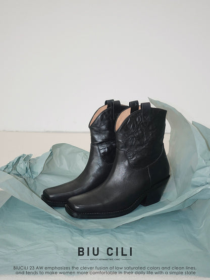 "Rebellious Lady" Women's Retro Square Toe Western Leather Boots in Black