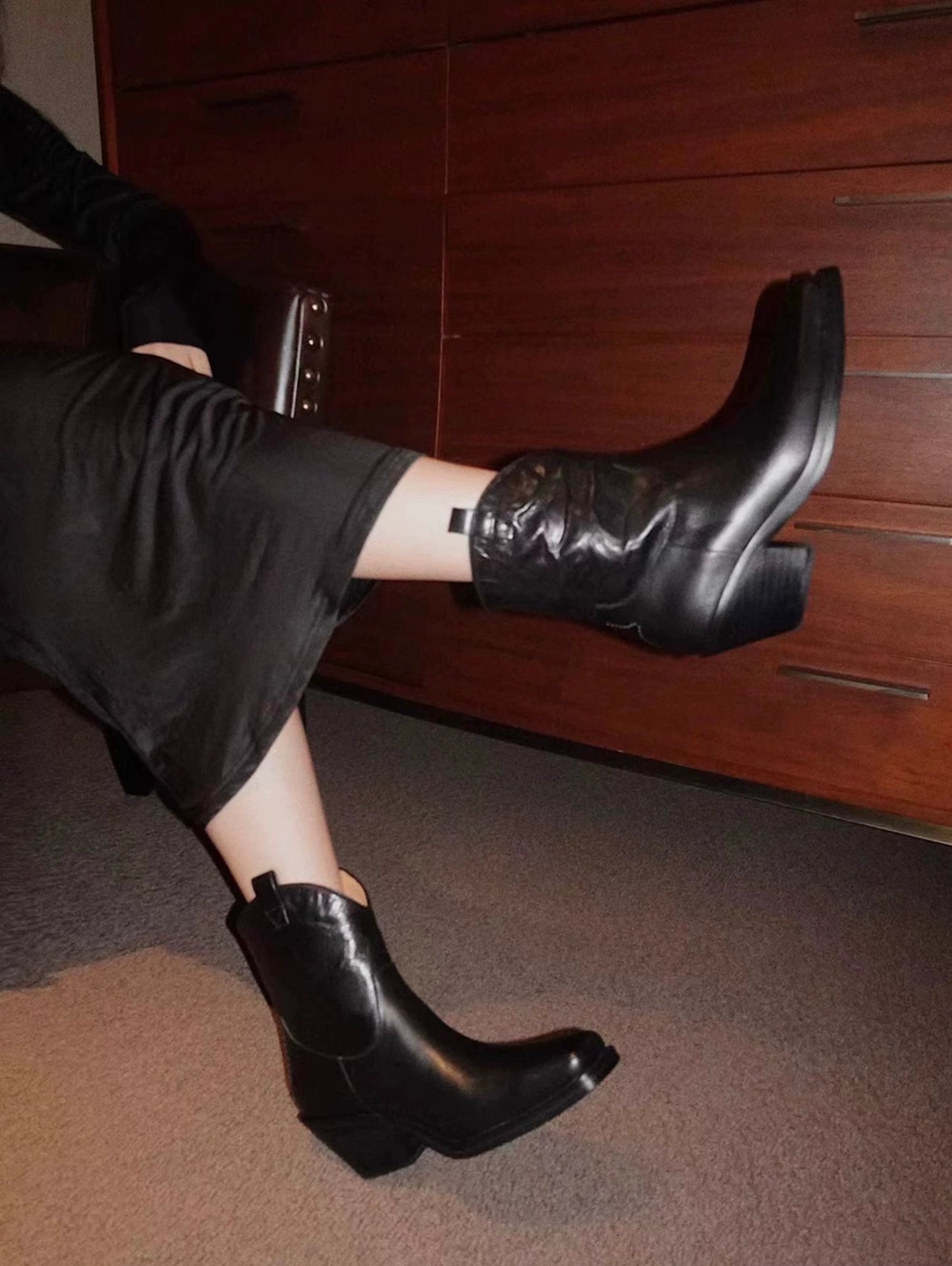 "Rebellious Lady" Women's Retro Square Toe Western Leather Boots in Black