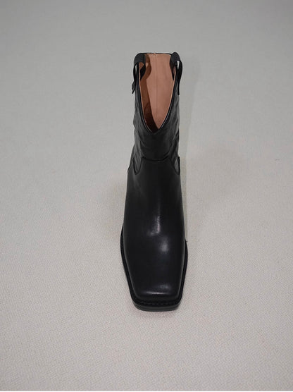 "Rebellious Lady" Women's Retro Square Toe Western Leather Boots in Black
