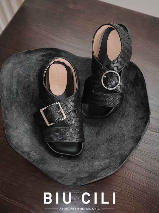 Summer Woven Leather Sandals with Asymmetric Buckle Details