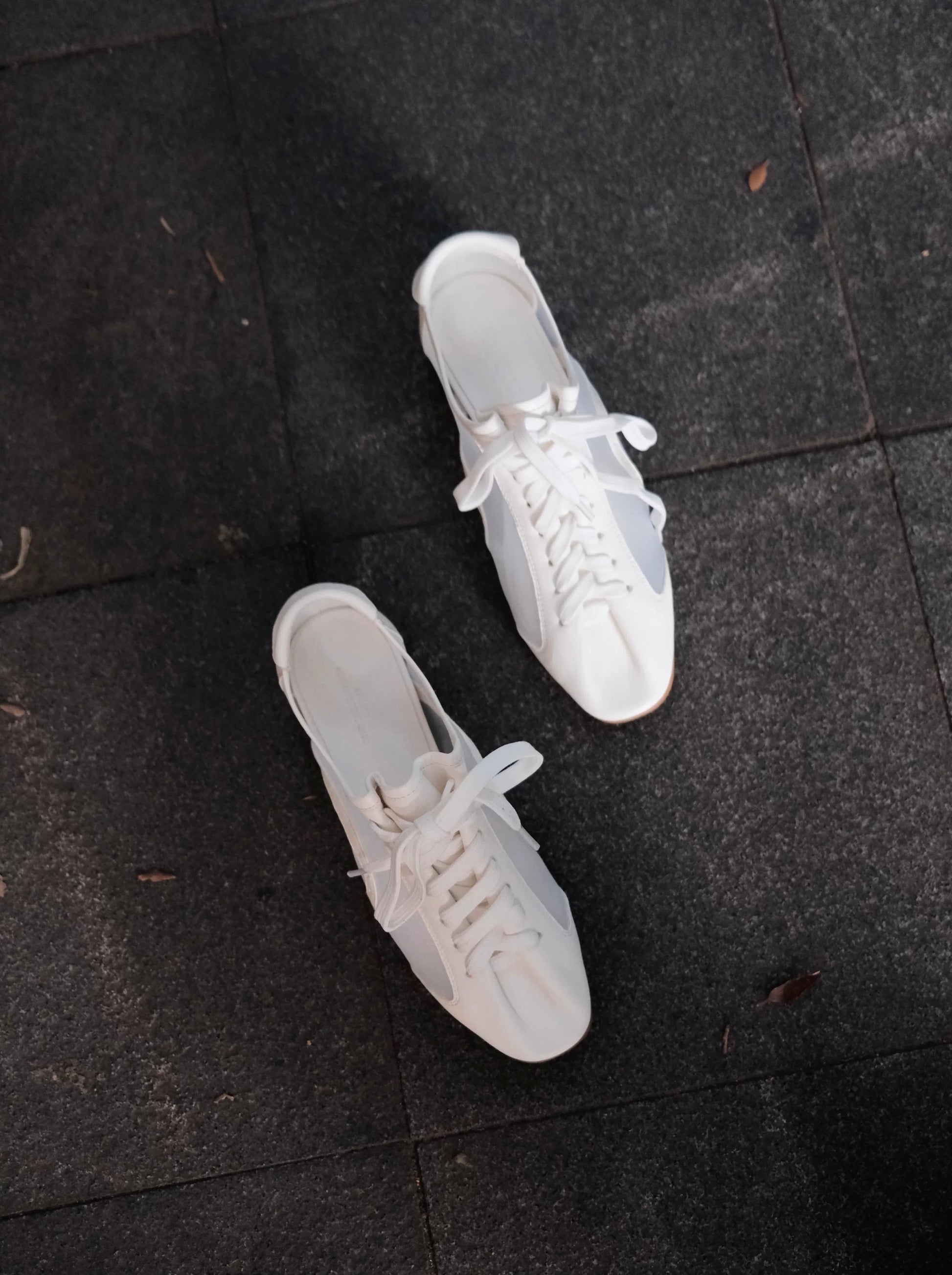 White mesh leather lace-up sneakers for summer, stylish flats perfect for formal and casual outfits.