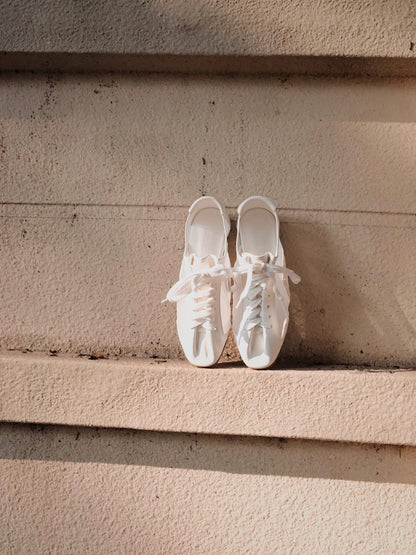 White mesh leather lace-up sneakers for summer, stylish flats perfect for formal and casual outfits.