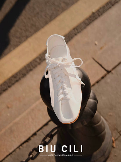 White mesh leather lace-up sneakers for summer, stylish flats perfect for formal and casual outfits.