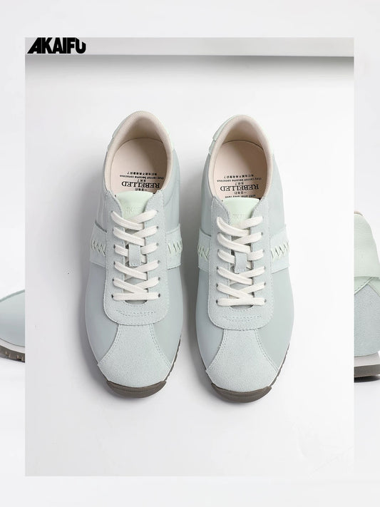 Lace-Up Suede Leather Thin Sole Sneakers with Elevated Insole in Mint Green