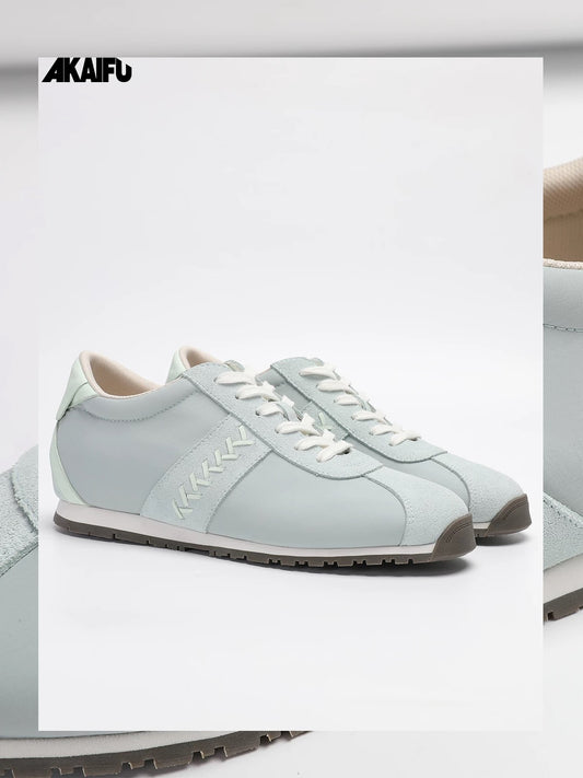 Lace-Up Suede Leather Thin Sole Sneakers with Elevated Insole in Mint Green