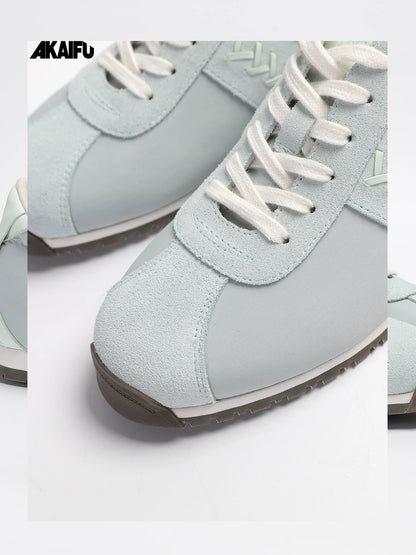 Lace-Up Suede Leather Thin Sole Sneakers with Elevated Insole in Mint Green