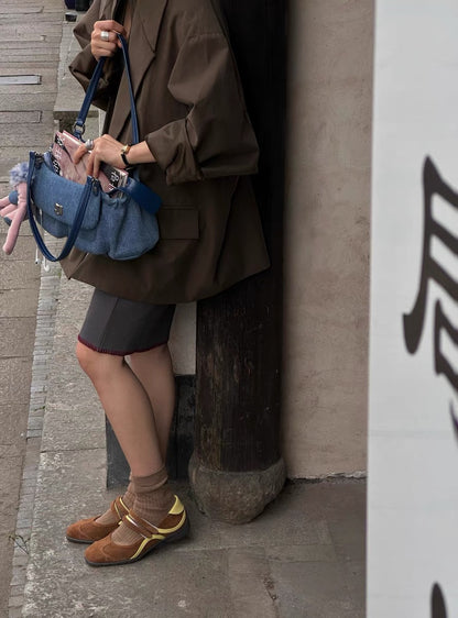 Sporty Mary Jane Retro Sneaker Flats in Suede Leather