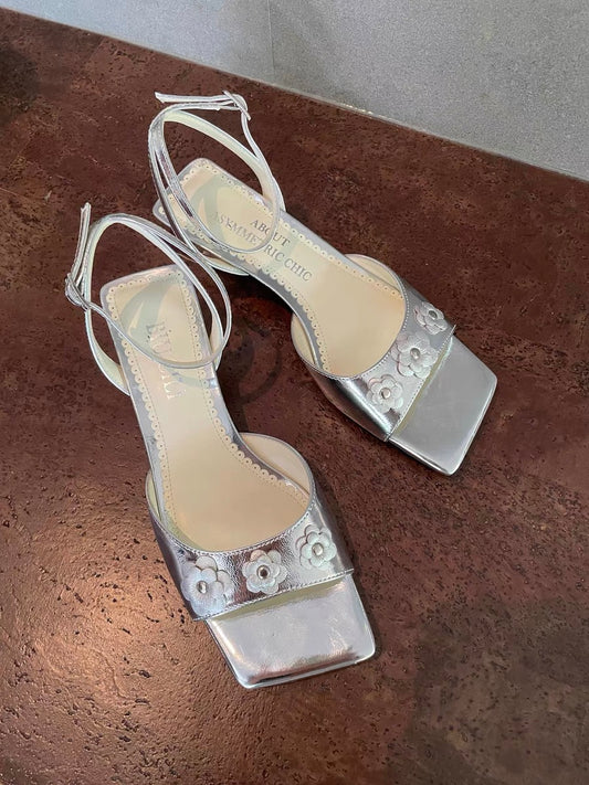Summer Night Rhapsody Women's Silver Leather Mid Heel Sandals with Ankle Straps