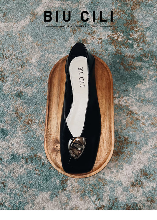 Slow Time Minimalist Two-Way Square Toe Leather Flats in Black or Silver