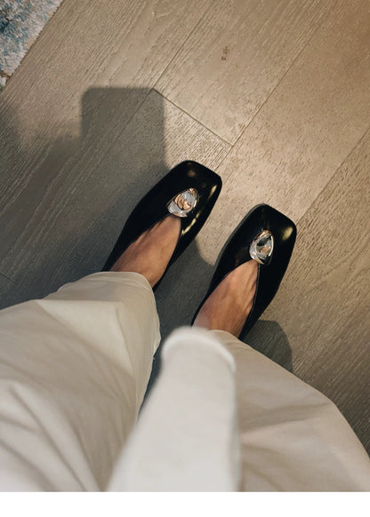 Slow Time Minimalist Two-Way Square Toe Leather Flats in Black or Silver