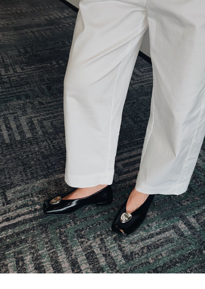 Slow Time Minimalist Two-Way Square Toe Leather Flats in Black or Silver