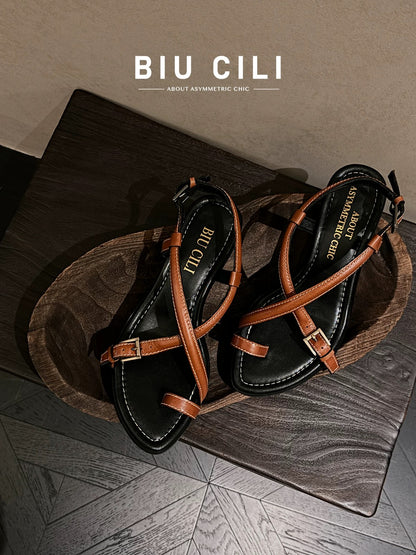 Sunset Stroll Summer Brown Strappy Leather Sandals with Low Heels