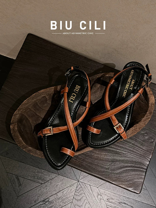 Sunset Stroll Summer Brown Strappy Leather Sandals with Low Heels