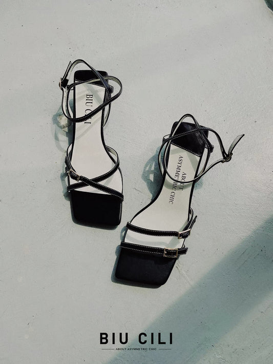 Minimalist Asymmetric Black Leather Sandals with Straps