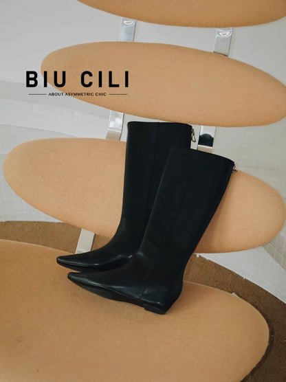 "Nightfall" Women's Minimalist Black Leather Tall Boots with Hidden Lift