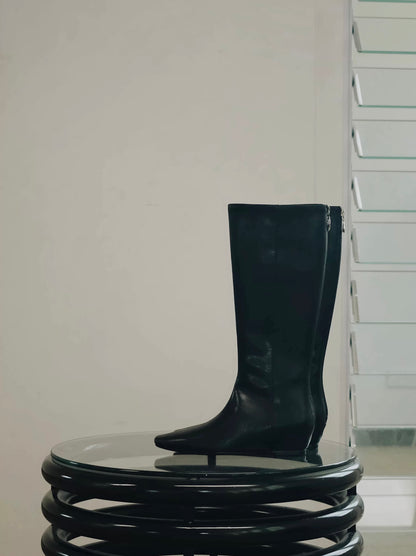 "Nightfall" Women's Minimalist Black Leather Tall Boots with Hidden Lift
