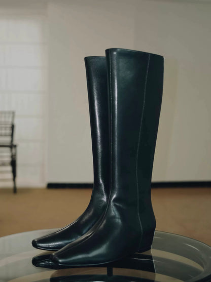 "Nightfall" Women's Minimalist Black Leather Tall Boots with Hidden Lift