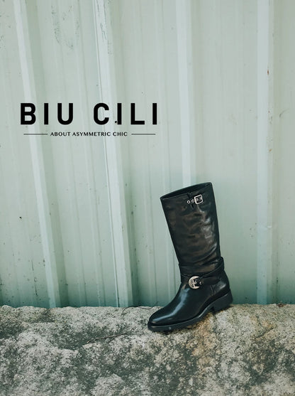 Women's Black Leather Retro Engineer Boots with Asymmetric Buckle