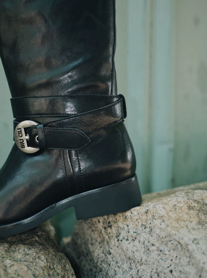 Women's Black Leather Retro Engineer Boots with Asymmetric Buckle