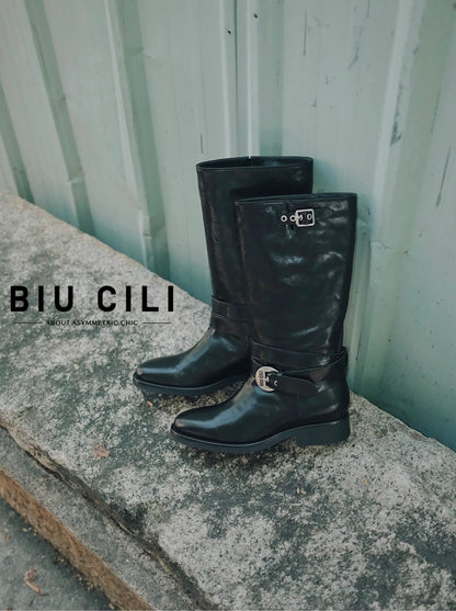 Women's Black Leather Retro Engineer Boots with Asymmetric Buckle