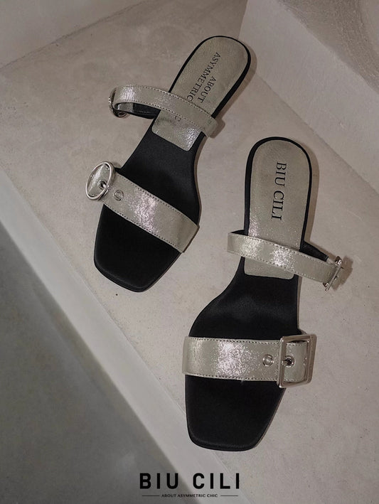 Women's Minimalist mid heel sandals with asymmetrical silver buckle – top view