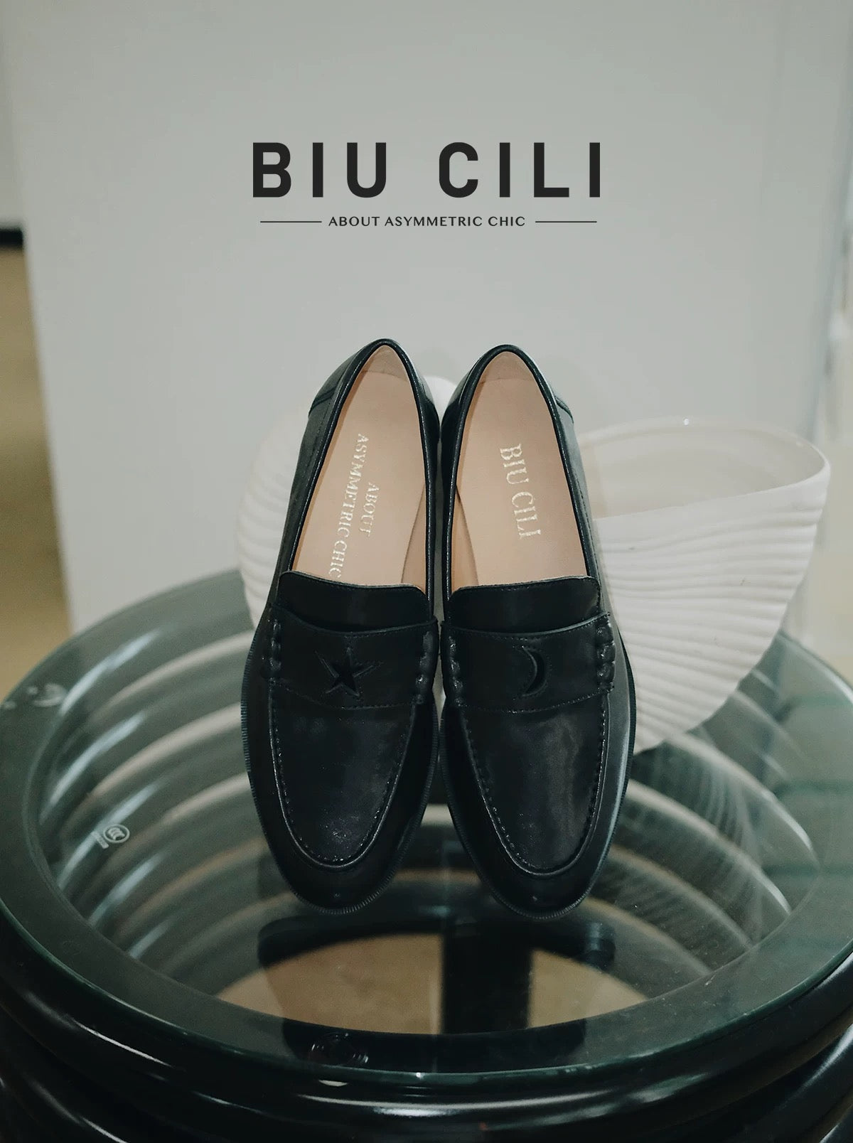 Star & Moon Minimalist Leather Loafers with Asymmetric Details