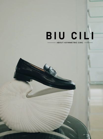 Star & Moon Minimalist Leather Loafers with Asymmetric Details