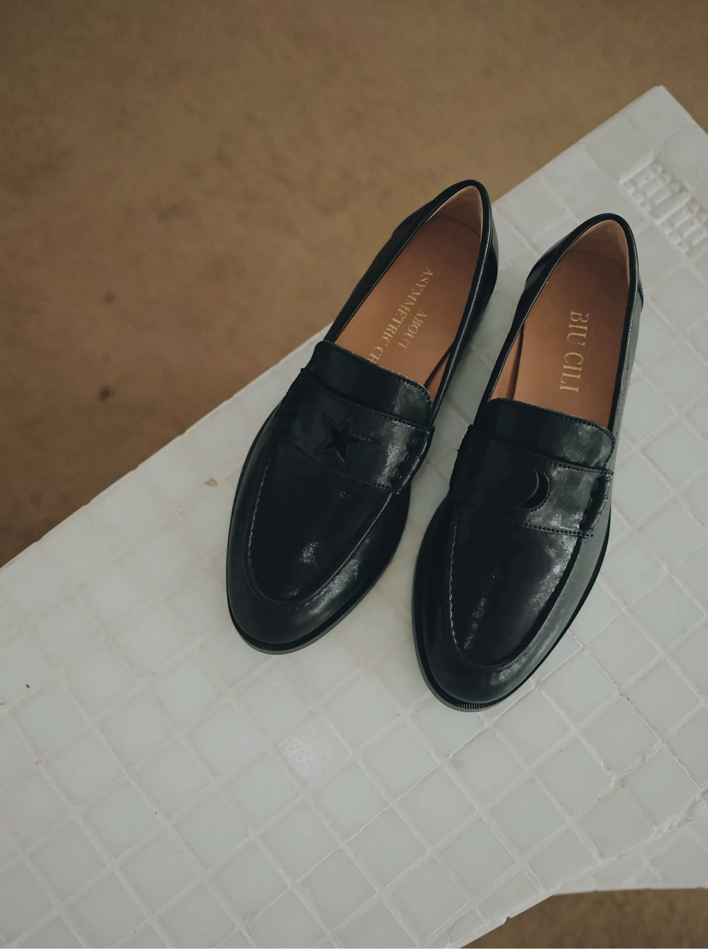 Star & Moon Minimalist Leather Loafers with Asymmetric Details