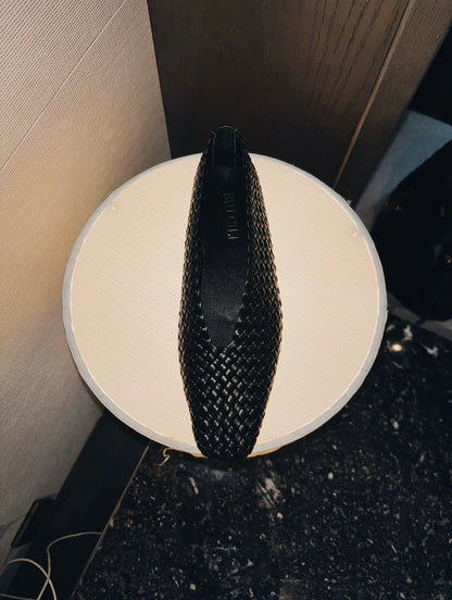 Minimalist Style Hand-Woven Square-Toe Leather Flat Shoes in Black Leather