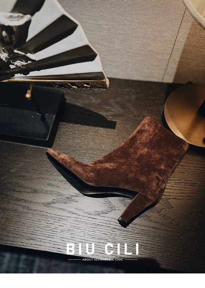 "Vesper" Women’s Dark Brown Suede Ankle Boots with Asymmetric Zipper