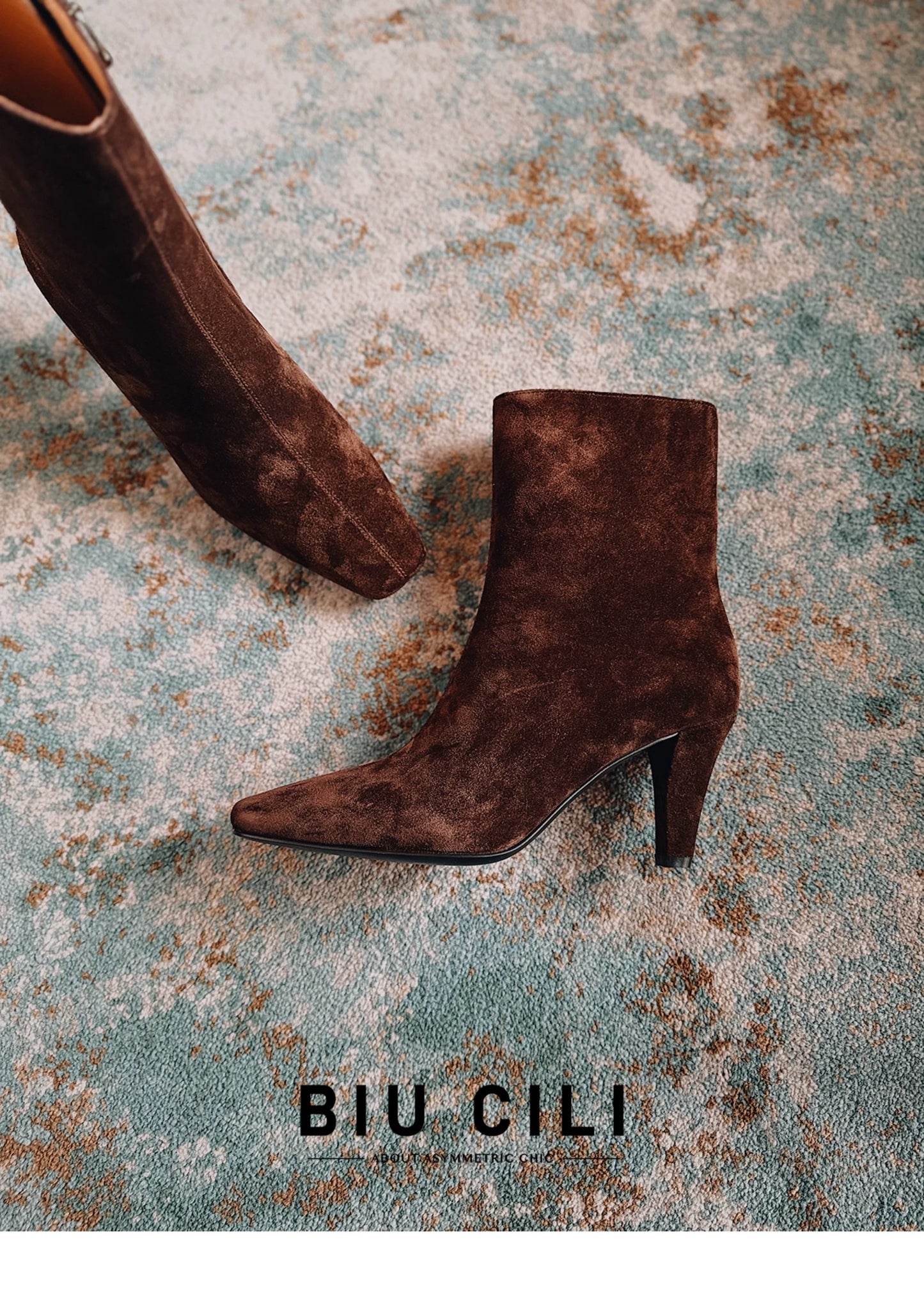 "Vesper" Women’s Dark Brown Suede Ankle Boots with Asymmetric Zipper