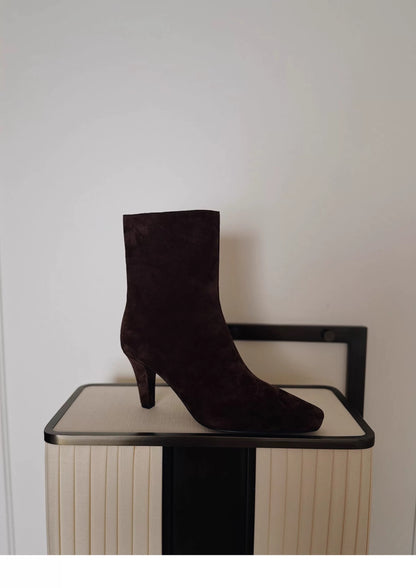 "Vesper" Women’s Dark Brown Suede Ankle Boots with Asymmetric Zipper
